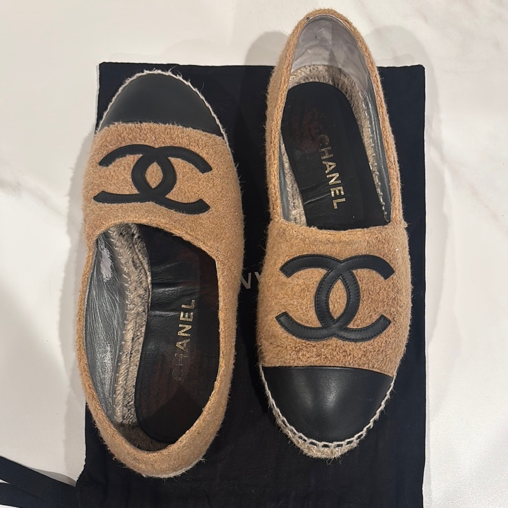 Chanel Tan and Black Espadrilles with Iconic CC Logo